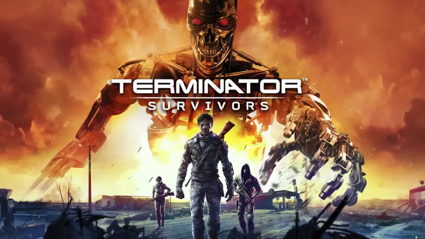 Обложка игры с гигантским терминатором и героями, стоящими на фоне апокалиптического пейзажа