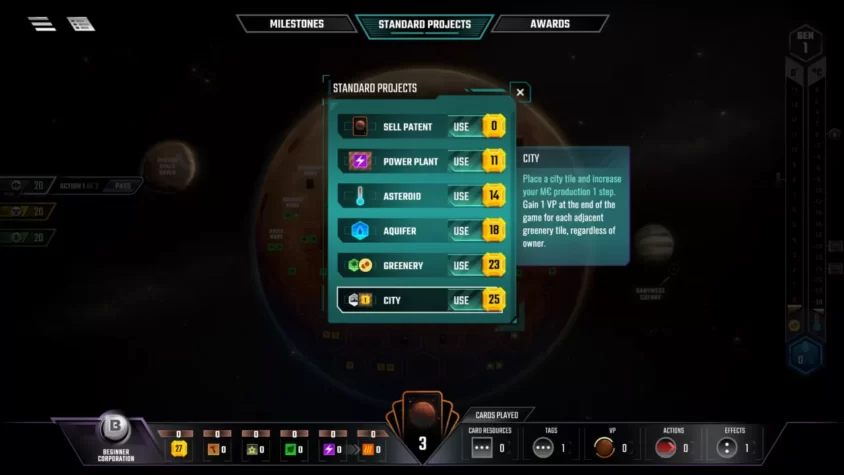 Меню стандартных проектов Terraforming Mars