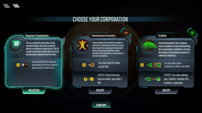 Выбор корпорации в Terraforming Mars