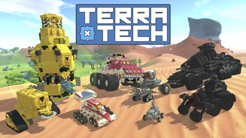 Обложка игры TerraTech, с изображением разных транспортных средств на фоне пустынного пейзажа