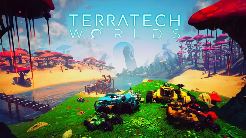 TerraTech Worlds — заголовок игры с яркими автомобилями и фантастическим ландшафтом