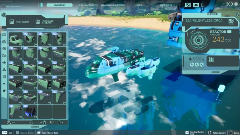Конструкция судна Sea Relentless Orca на воде с интерфейсом для крафта в TerraTech Worlds