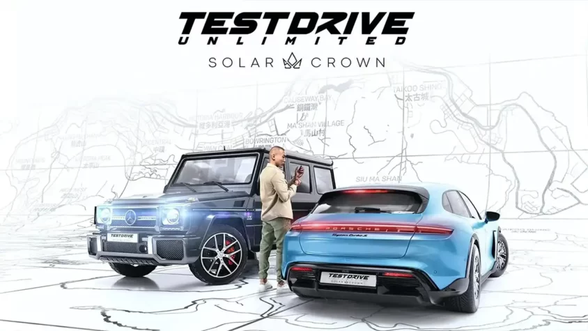 Обложка Test Drive Unlimited Solar Crown Обложка Test Drive Unlimited Solar Crown с двумя автомобилями и мужчиной на фоне карты
