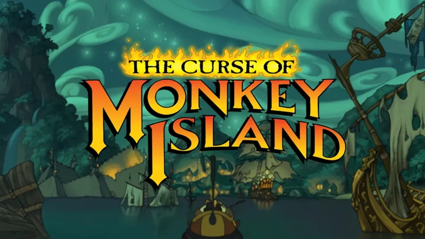 Обложка игры 'The Curse of Monkey Island', изображающая атмосферную картину с пиратскими кораблями и волшебными элементами