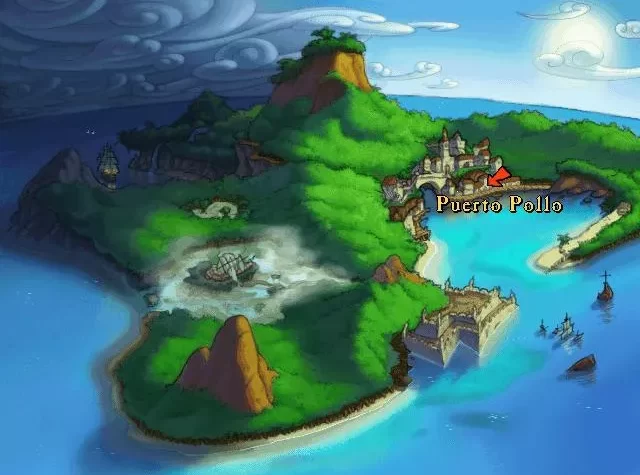 Карта острова в игре 'The Curse of Monkey Island', с местом под названием Puerto Pollo, в окружении моря и гор