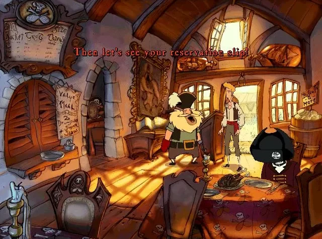 Персонажи в таверне на острове в 'The Curse of Monkey Island', с пиратом и главным героем, обсуждающими резервацию