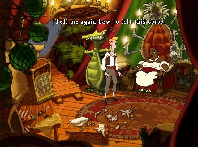 Персонажи в комнате на острове в 'The Curse of Monkey Island', главный герой обсуждает, как снять проклятие с женщиной