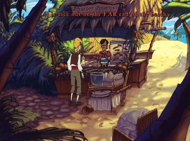 Персонажи на пляже в 'The Curse of Monkey Island', главный герой беседует с торговцем под пальмовым навесом