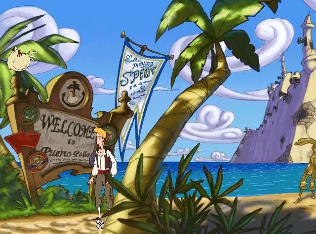 Персонаж на пляже с табличкой 'Welcome to Puerto Pollo', рядом с пальмой и фоном, на котором видна скала