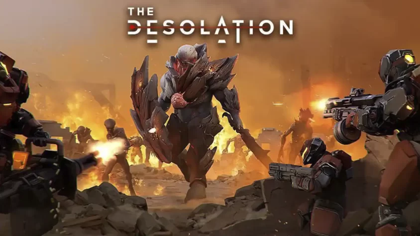 Обложка The Desolation Обложка игры The Desolation с огромным монстром, атакующим солдат в броне