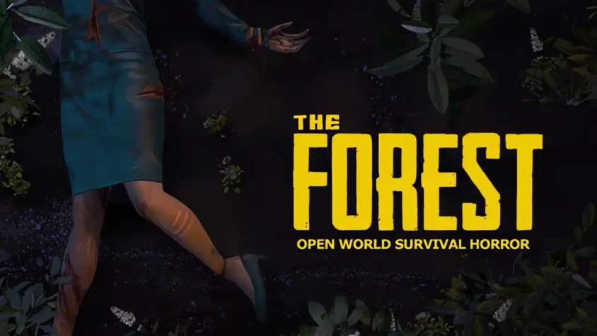 Обложка игры The Forest с жутким персонажем на фоне ночного леса