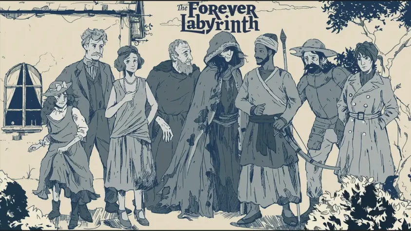 Обложка игры 'The Forever Labyrinth' с изображением персонажей в различных костюмах, готовых к странным приключениям