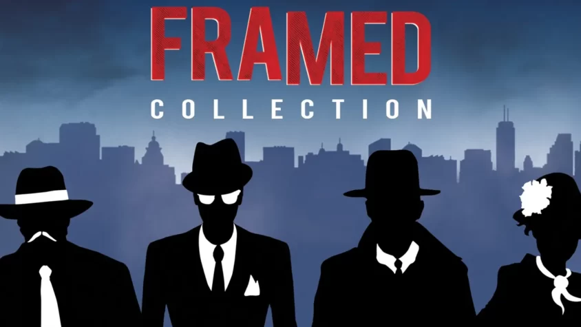 Обложка игры The Framed Collection, стильное изображение с силуэтами в федорах