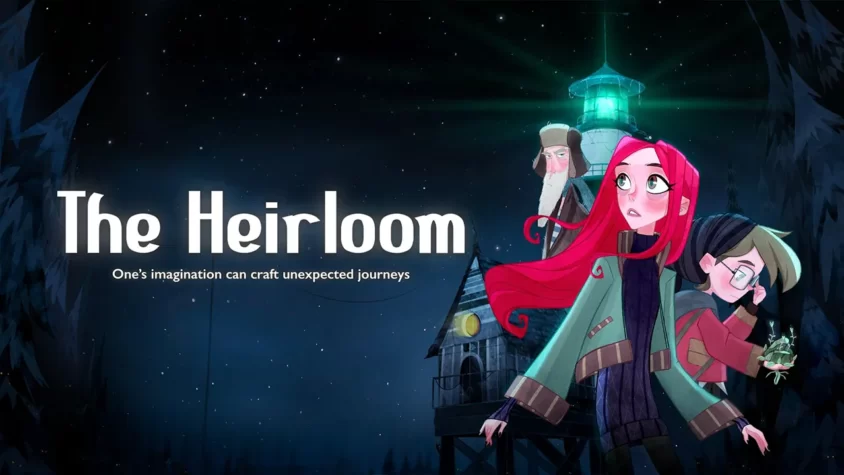 Обложка игры The Heirloom с маяком и троицей персонажей Главные герои на фоне маяка и ночного леса