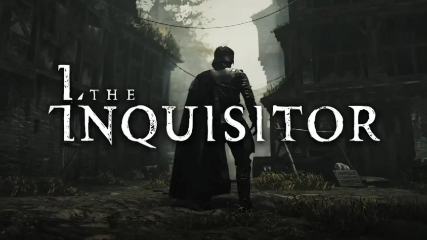 Обложка игры 'The Inquisitor' с изображением персонажа в темном средневековом городе