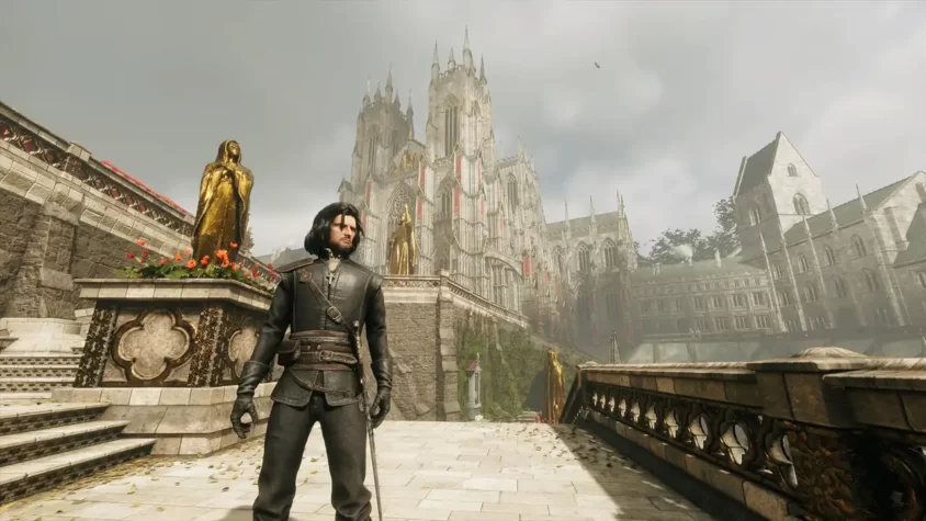 Персонаж на фоне величественного замка в игре 'The Inquisitor'
