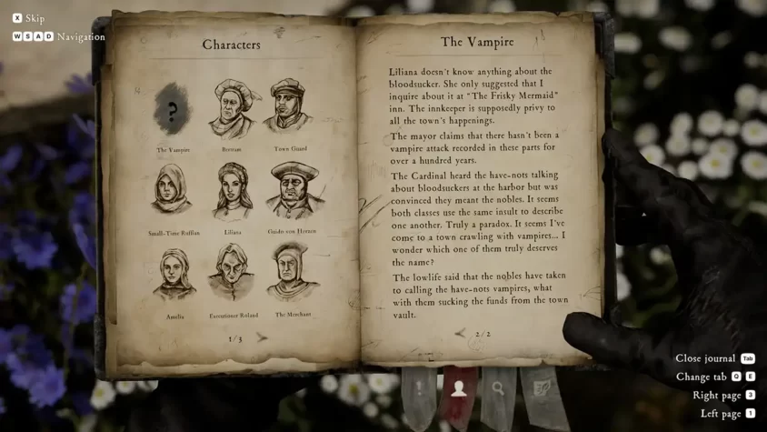 Страница дневника с персонажами в игре 'The Inquisitor'