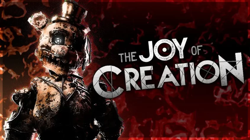 The Joy of Creation Обложка игры, на которой изображена страшная и изношенная плюшевая игрушка с металлическими элементами.