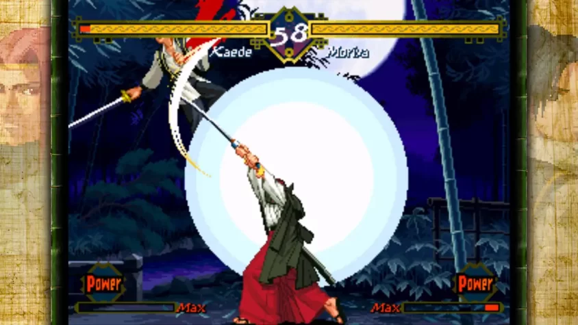 Скриншот из игры The Last Blade: бой с громкими ударами и разрушениями