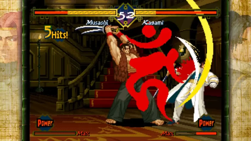 Скриншот из игры The Last Blade: завершение боя с эффектом ярких цветов