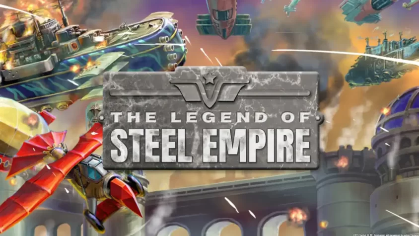 Обложка игры The Legend of Steel Empire, с изображением механизированных летательных аппаратов и боевых объектов