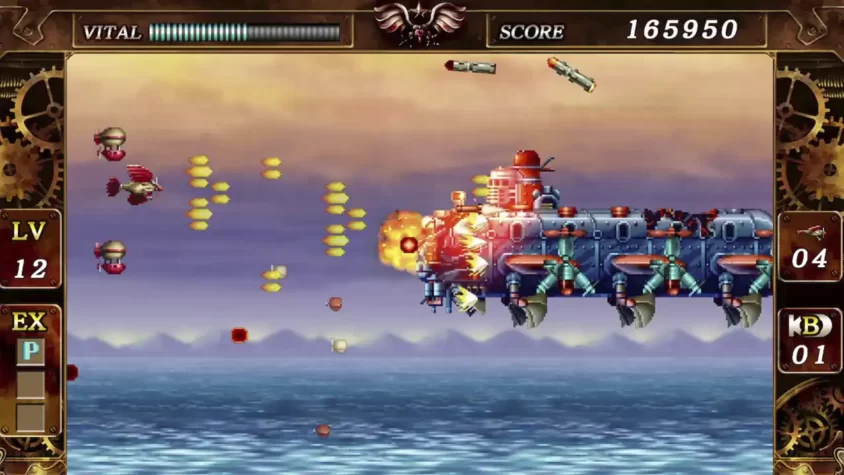 Скриншот игры The Legend of Steel Empire, с боем против гигантского воздушного корабля