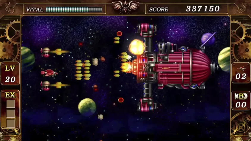 Скриншот игры The Legend of Steel Empire, с боем в космосе против механизированных врагов