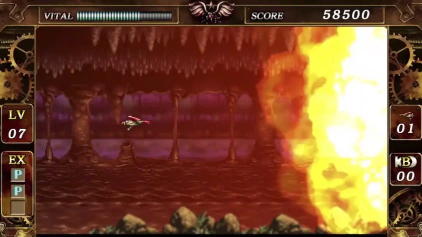 Скриншот игры The Legend of Steel Empire, с боем в подземном мире, окружённым лавой