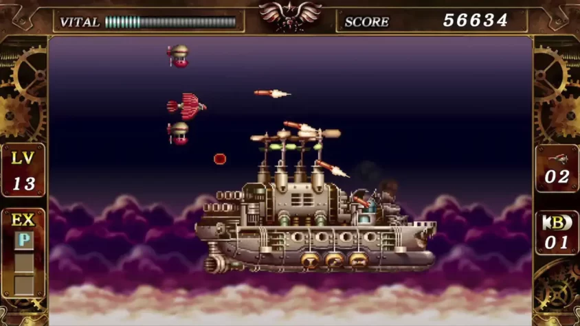 Скриншот игры The Legend of Steel Empire, с боем против воздушного военного корабля