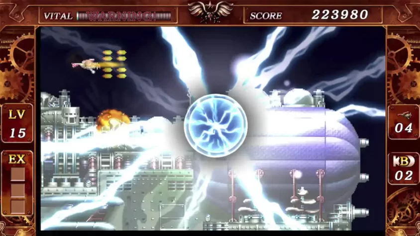Скриншот игры The Legend of Steel Empire, где игрок сражается против вражеского оружия
