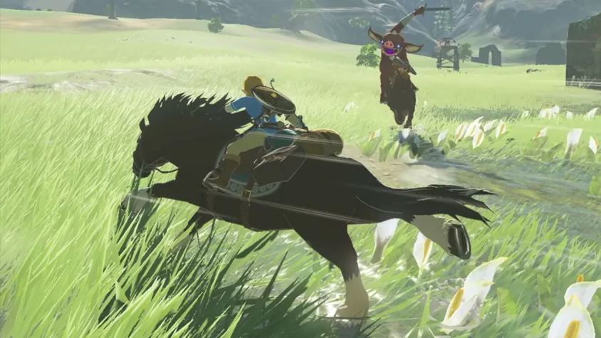 Линк на лошади в игре 'The Legend of Zelda: Breath of the Wild'