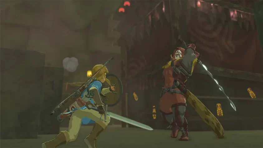 Бой Линка с врагом в игре 'The Legend of Zelda: Breath of the Wild'