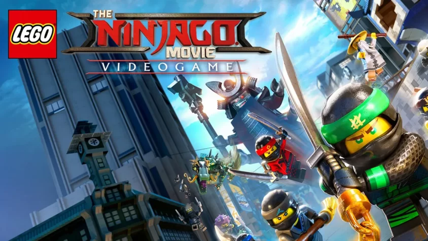 Обложка игры The LEGO NINJAGO Movie Video Game, на которой ниндзя и злыдень встречаются в битве, а между ними — вся остальная армия LEGO персонажей