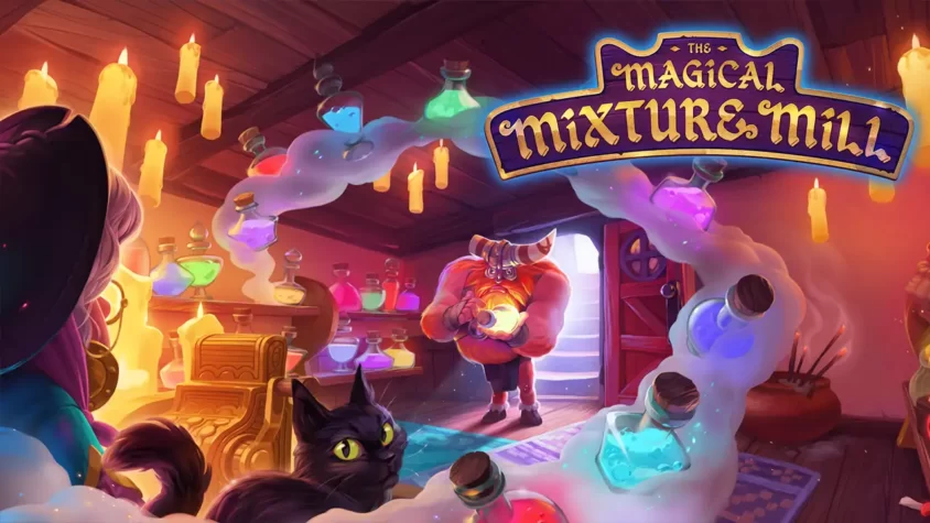The Magical Mixture Mill Обложка игры The Magical Mixture Mill с мистическим магазином и магическими бутылочками