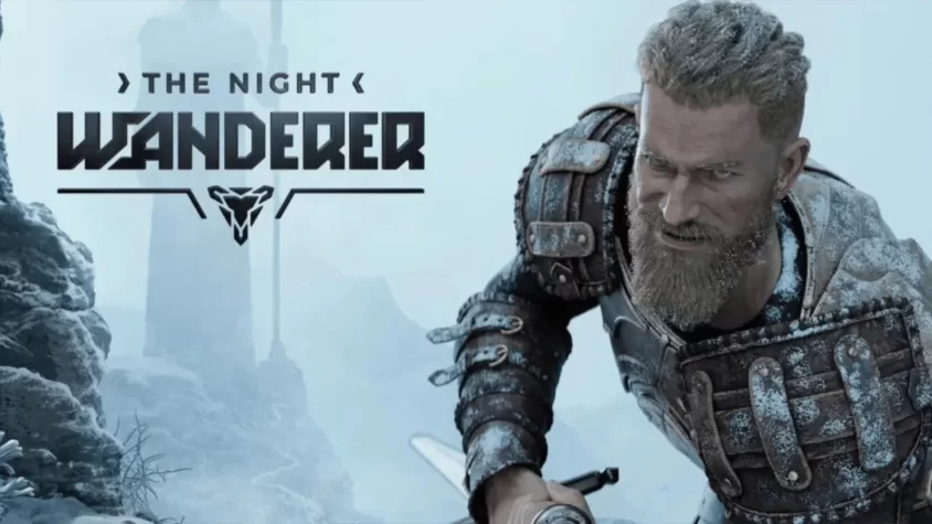 Обложка игры 'The Night Wanderer' Основной персонаж с бородой и доспехами на фоне снежного пейзажа