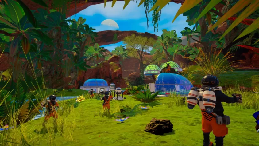 Жилой комплекс на планете с зелёной растительностью в игре The Planet Crafter