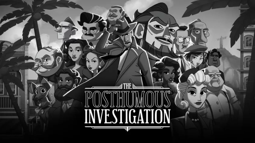 Обложка игры 'The Posthumous Investigation' Обложка игры с персонажами и логотипом в стиле ретро