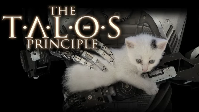 The Talos Principle: Обложка Постер игры с роботом и котенком, который помогает разобраться в философских вопросах