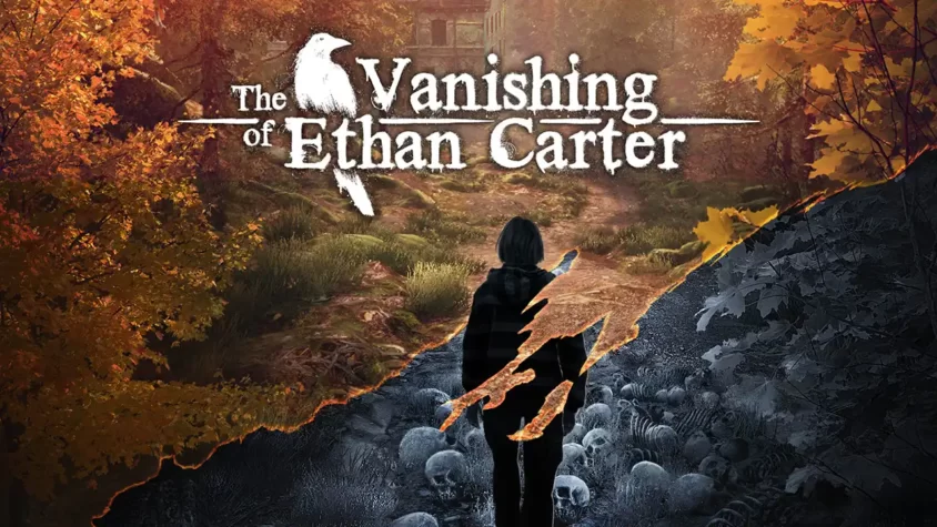 The Vanishing Of Ethan Carter - Обложка игры Обложка игры The Vanishing Of Ethan Carter, с изображением человека, стоящего на тропе среди осеннего леса