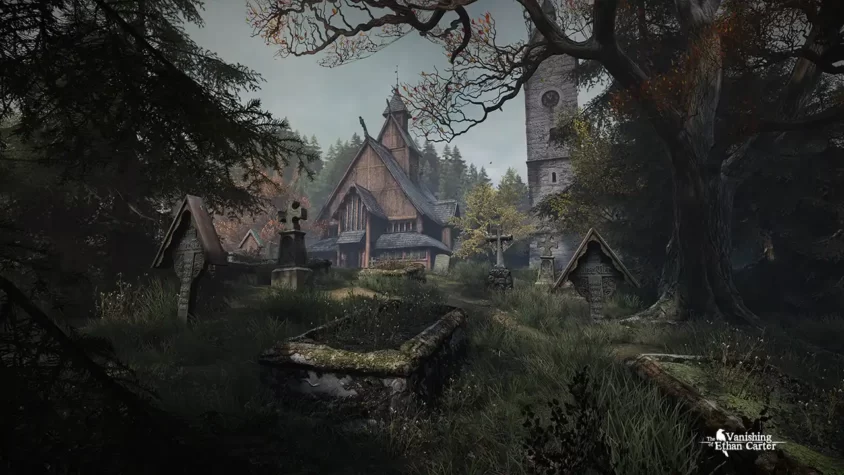 Зловещий церковный двор с могилами в The Vanishing Of Ethan Carter