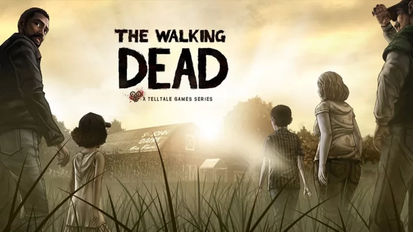 Обложка игры The Walking Dead Главное изображение игры The Walking Dead с персонажами на переднем плане, включая персонажей Ли и Клементину, стоящих в поле с закатом на заднем плане
