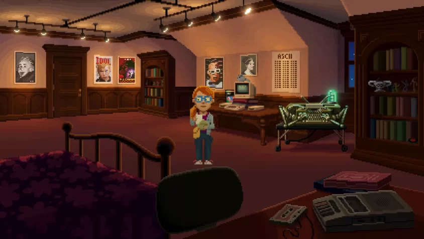 Герои игры стоят на мосту в Thimbleweed Park
