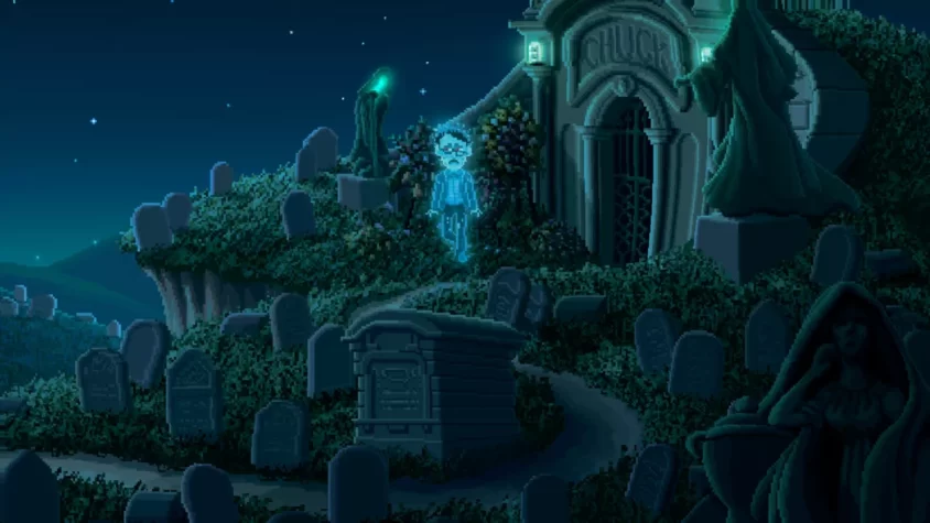 Героиня в комнате с компьютером в Thimbleweed Park