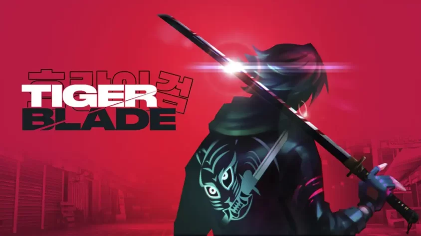 Tiger Blade — обложка игры Покрытие игры с изображением персонажа с катаной на фоне красного цвета