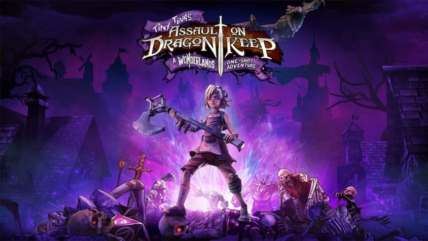 Обложка игры Tiny Tina’s Assault on Dragon Keep: A Wonderlands One-shot Adventure с Тини Тиной, готовой рубить черепа