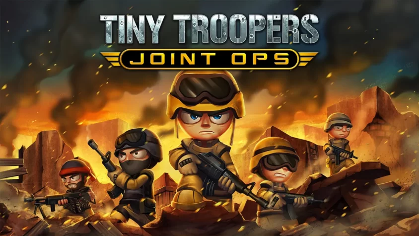Tiny Troopers: Joint Ops - Обложка игры Обложка игры Tiny Troopers: Joint Ops с милыми, но решительными солдатами на фоне разрушенного города