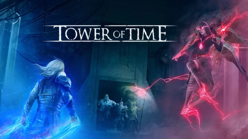 Обложка игры Tower of Time, с героями, использующими магию и сражающимися на фоне разрушенного мира