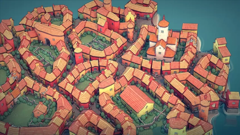 Город с разнообразными башнями в Townscaper