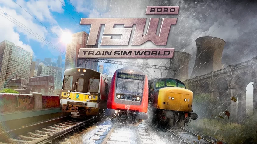 Обложка игры Train Sim World с различными поездами и городской атмосферой