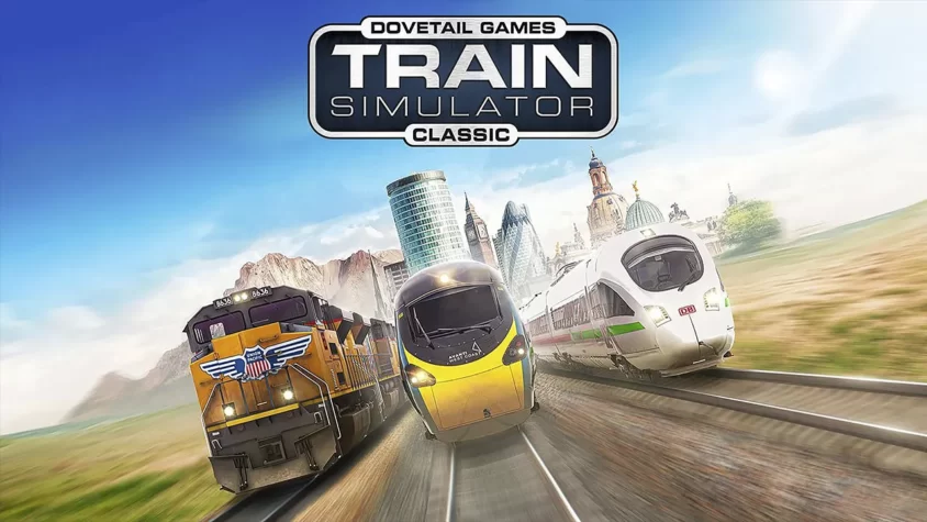 Обложка игры Train Simulator с поездами, мчащимися на фоне городского пейзажа